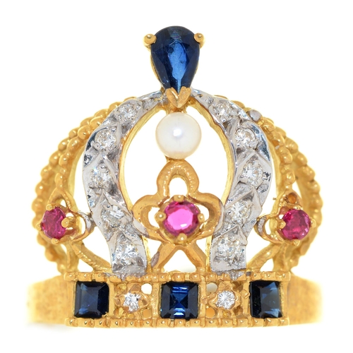 25 - A ruby, sapphire, diamond and pearl crown ring,  in 18ct gold, by The Franklin Mint, 6.3g, size M... 