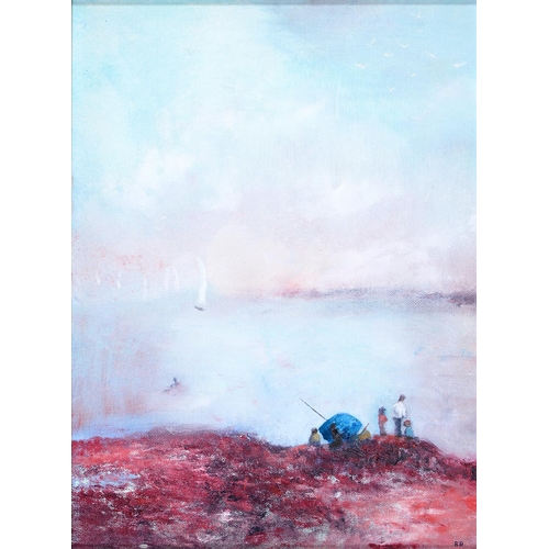 876 - Brenda Brooks (1932 - ) - Surfing; Red Boat; Sunny Worthing, three, all signed with initials, oil on... 