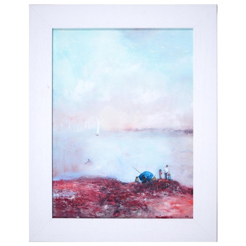 876 - Brenda Brooks (1932 - ) - Surfing; Red Boat; Sunny Worthing, three, all signed with initials, oil on... 