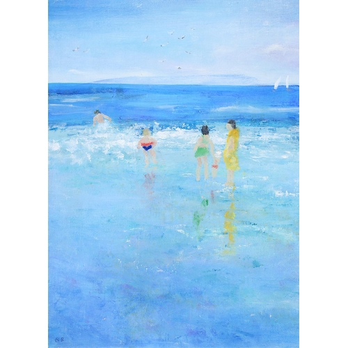 876 - Brenda Brooks (1932 - ) - Surfing; Red Boat; Sunny Worthing, three, all signed with initials, oil on... 