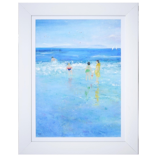 876 - Brenda Brooks (1932 - ) - Surfing; Red Boat; Sunny Worthing, three, all signed with initials, oil on... 