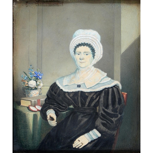 885 - British Naïve Artist, mid 19th century - Portrait of a Lady, seated three quarter length in a black ... 