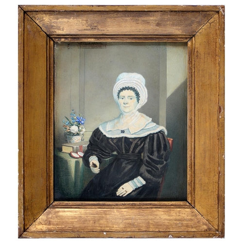 885 - British Naïve Artist, mid 19th century - Portrait of a Lady, seated three quarter length in a black ... 