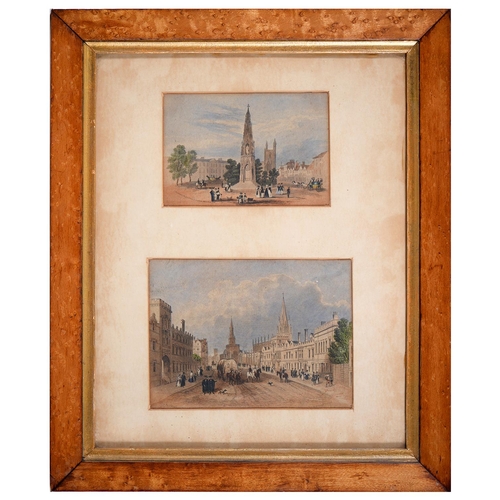 888 - Nine miscellaneous prints and engravings, including two of Oxford mounted together in birds eye mapl... 