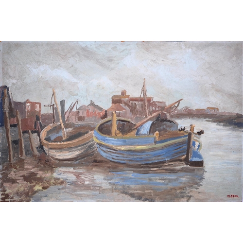 892 - British School, 20th c - Barges in a Harbour, signed Elston, oil on hardboard, 40 x 60cm, unframed... 