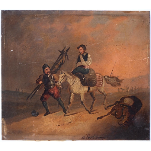 915 - Northern European School, late 19th c - After the Battle, indistinctly signed, oil on zinc, 17.5 x 1... 