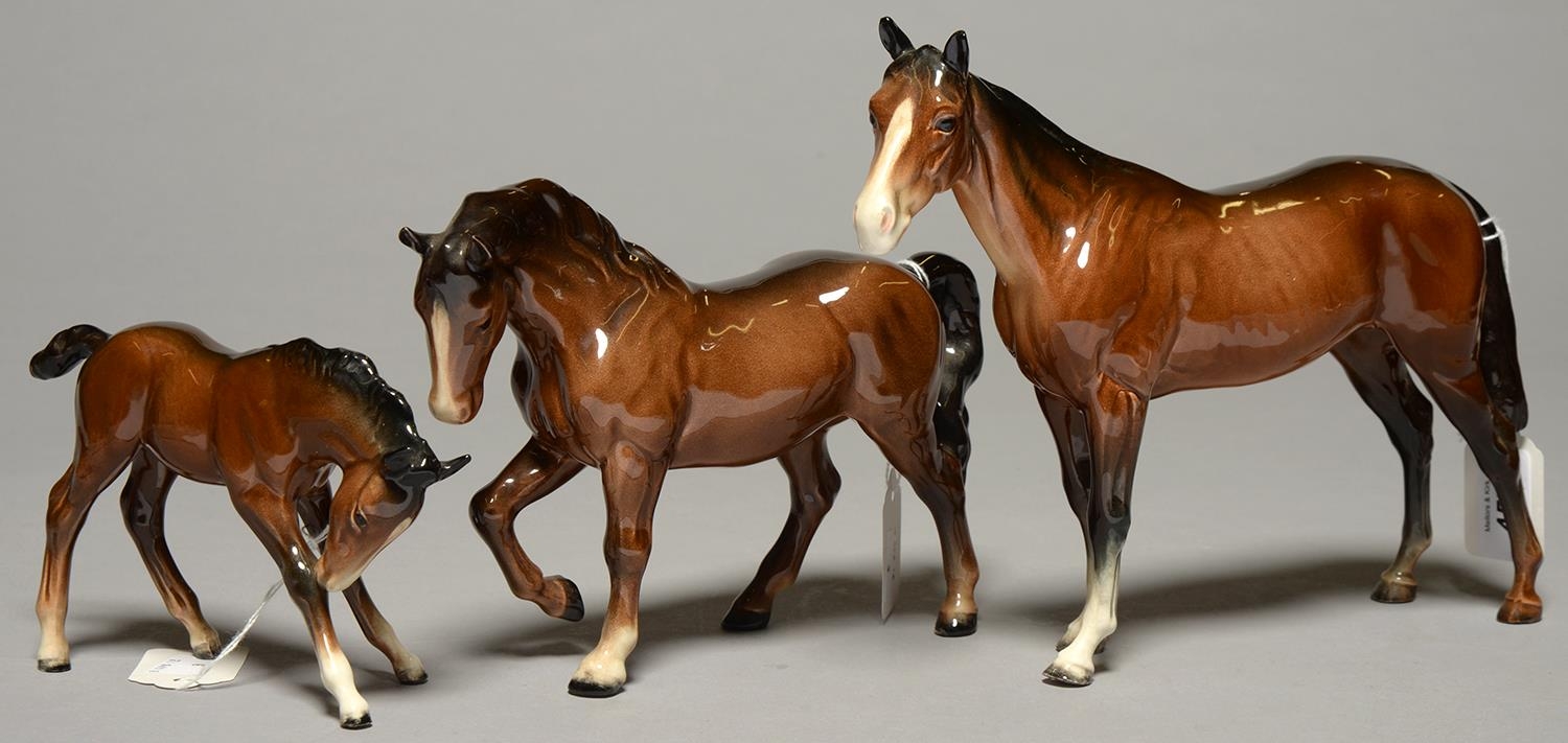 Two Beswick horses and a foal, 20cm h and smaller, printed mark or unmarked