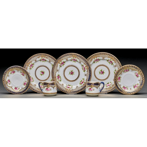 1005 - A pair of Noritake coffee cups and saucers and three side plates, c1930, painted with flowers in cob... 