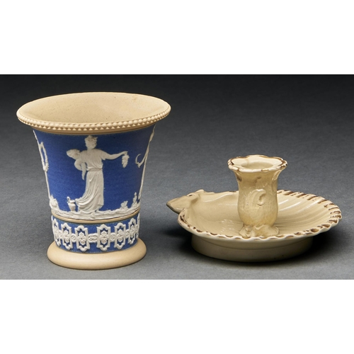 1009 - A Wedgwood drabware shell chamberstick, c1820, the rims gilt, 50mm h, impressed mark and a contempor... 