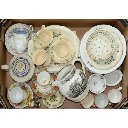 1031 - A late Leeds creamware tea service with entwined handles, an early 19th c black printed earthenware ... 