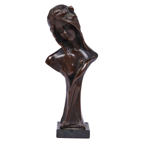 1102 - A French Art Nouveau miniature bust of a young woman,  even brown patina, No 4185, on serpentine bas... 