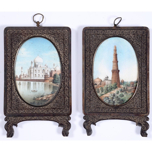 1104 - Delhi School, 19th c - The Taj Mahal; The Qutb Minar, a pair, miniatures, ivory, oval, 13.2cm, in co... 