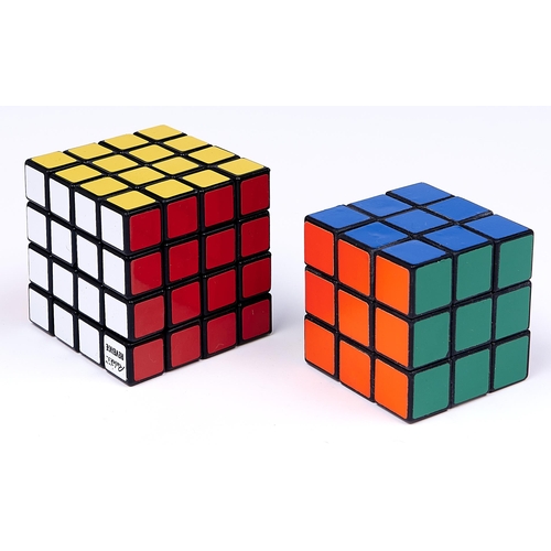 1106 - Two Ideal Corp coloured plastic Rubik cubes, 1980 and 1981, both boxed