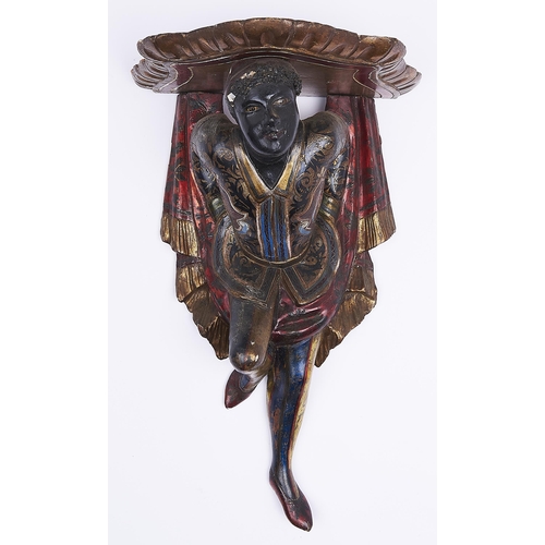 1109 - A Venetian polychrome figural wall bracket, c1900, 48cm h, shelf 24 x 21cm