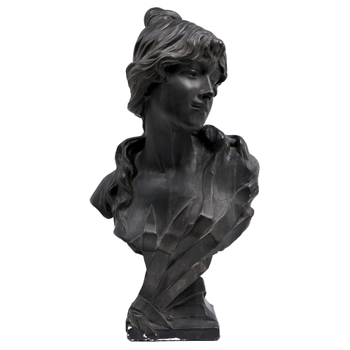 1110 - An art nouveau bronze-green painted plaster bust of a young woman, early 20th c, 65cm h... 