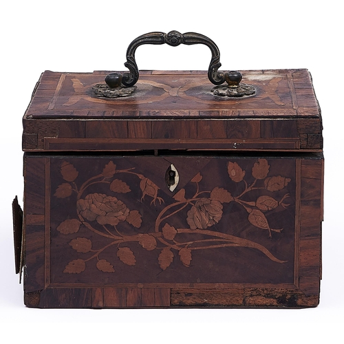 1117 - A George III walnut, kingwood and floral marquetry tea chest, with gilt brass handle, the divided in... 