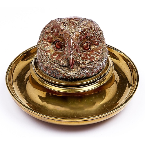 1119 - A brass and copper electrotype owl novelty inkwell, late 19th c, 20cm diamProvenance: (by tradition)... 