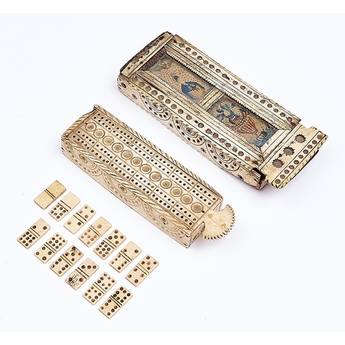 1152 - Two Napoleonic prisoner of war work bone domino boxes with sliding lid, early 19th c, the cover of o... 