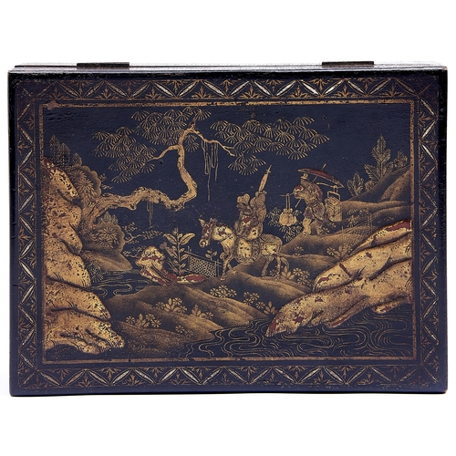 1154 - A George III black japanned box, 18th / early 19th c, the scene of travellers to the lid in diaper s... 