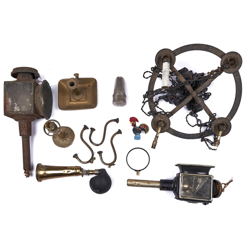 1200 - Miscellaneous metalwork, to include two Victorian black painted iron carriage lamps, a cased set of ... 