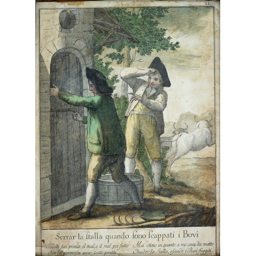 1211 - After Giuseppe Piattoli - Tuscan Proverbs, five, hand coloured etchings, late 18th or early 19th c, ... 