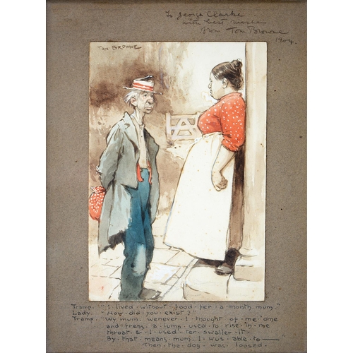 1212 - Tom Browne RI (1870-1910) - Original Cartoon of the Exchange Between a Tramp and a Lady on the Doors... 