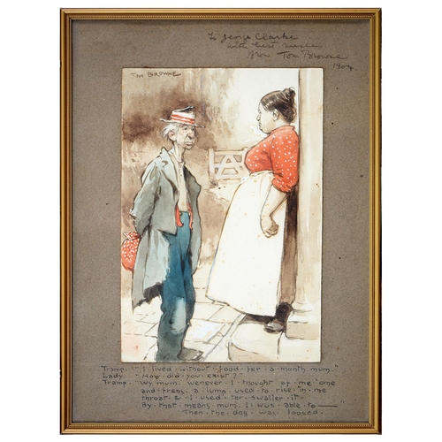 1212 - Tom Browne RI (1870-1910) - Original Cartoon of the Exchange Between a Tramp and a Lady on the Doors... 