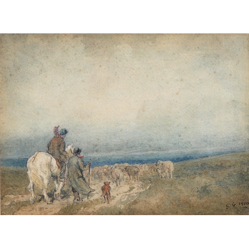 1220 - Follower of David Cox - Figures Driving Sheep over a Moor, signed with initials S G and dated 1900, ... 