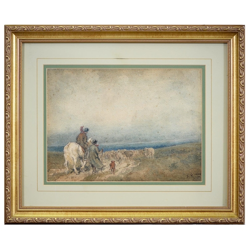 1220 - Follower of David Cox - Figures Driving Sheep over a Moor, signed with initials S G and dated 1900, ... 