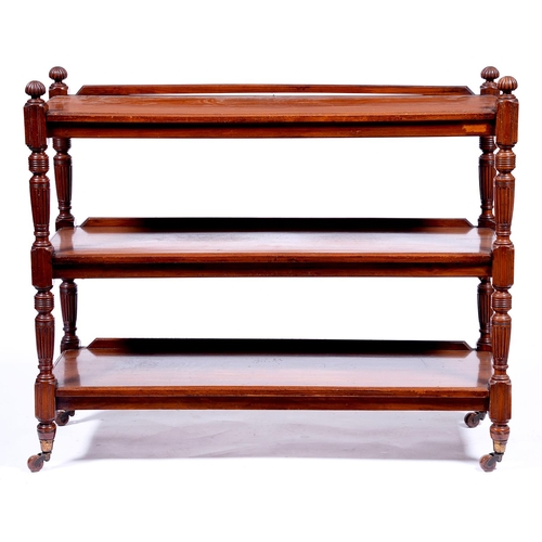 1319 - A Victorian mahogany three tier dumb waiter, c1870, shallow upstand with three rectangular shelves w... 