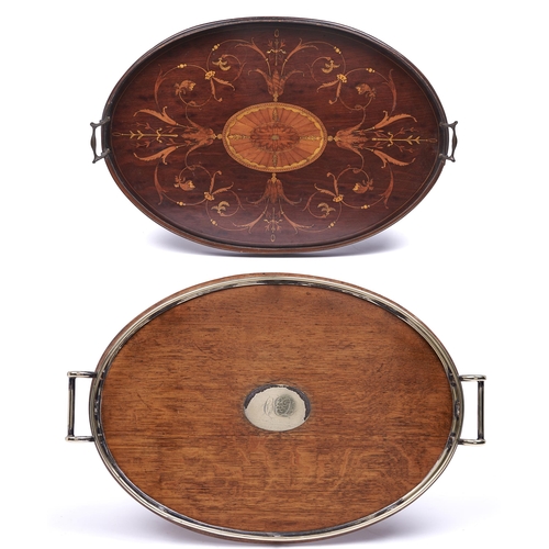 1321 - A Victorian oval mahogany and neo classical style  inlaid gallery tray, with brass handles, 69cm l a... 