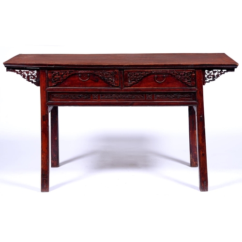 1326 - A South East Asian stained wood altar table,  early 20th c, 91cm h; 65 x 159cm