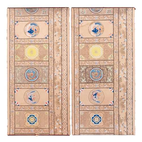 1327 - A Chinese two part cotton screen, late 19th c, the two rectangular panels printed and gouache decora... 