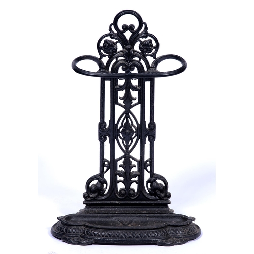 1329 - A Victorian cast iron stick stand,  77cm h, indistinct lozenge shaped PODR mark, black painted... 