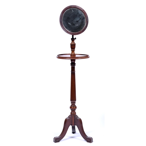 1330 - An Edwardian brass mounted mahogany shaving stand,  on tripod, 122cm h (unextended), diameter of mir... 