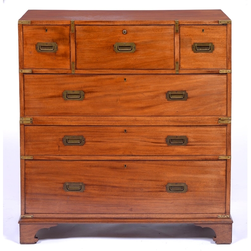 1337 - A Victorian brass mounted mahogany military chest of drawers, in two sections, the secretaire to the... 