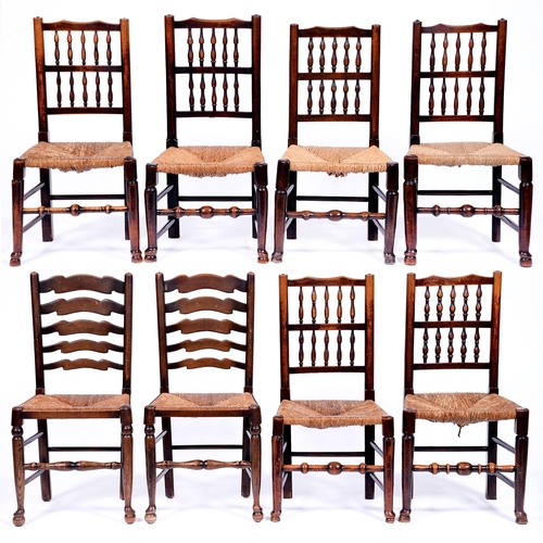 1339 - Six Ash spindle back and rush seated chairs, North West England, early 19th c,  approx sea... 