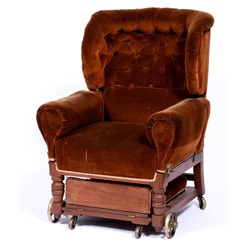 1343 - A Victorian adjustable mahogany wing armchair,  the back  reclining in six positions, the ... 