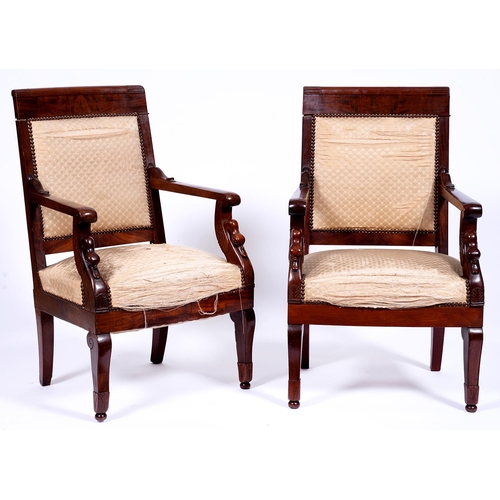 1344 - A pair of Louis Philippe mahogany armchairs,   with padded back and overscroll arm on... 