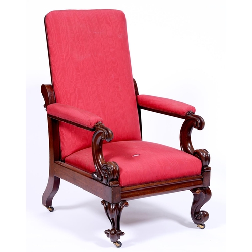 1351 - A Victorian mahogany adjustable armchair,   with padded arms, sliding seat and reclining back, on sc... 