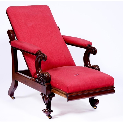 1351 - A Victorian mahogany adjustable armchair,   with padded arms, sliding seat and reclining back, on sc... 