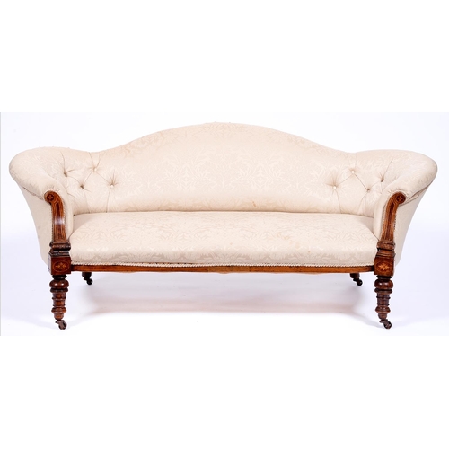 1354 - A Victorian rosewood and line inlaid couch,  with buttoned back and swept arms, on turned forelegs, ... 