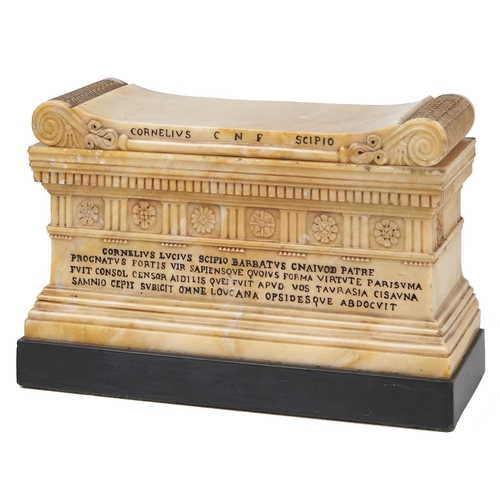 171 - An Italian marmo giallo siena model of the Tomb of Scipio, Rome, c1840, the cover detachable reveali... 