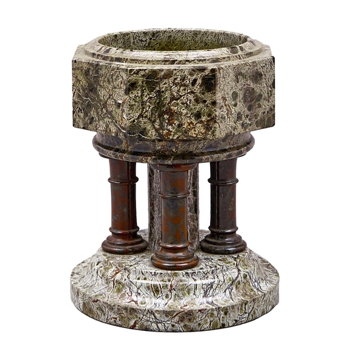 175 - A Victorian Cornish serpentine model of a font, the octagonal bowl on four turned pillars around a c... 