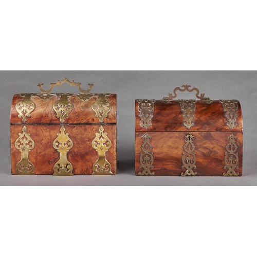 189 - Two similar Victorian brass mounted walnut stationery boxes, the front and coffered lid with three b... 