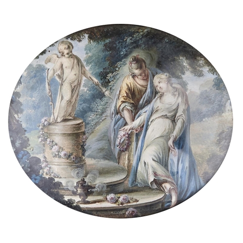 193 - French School, mid 18th c - Young Woman at the Altar of Love, signed Couniol inv, gouache, oval, 77 ... 