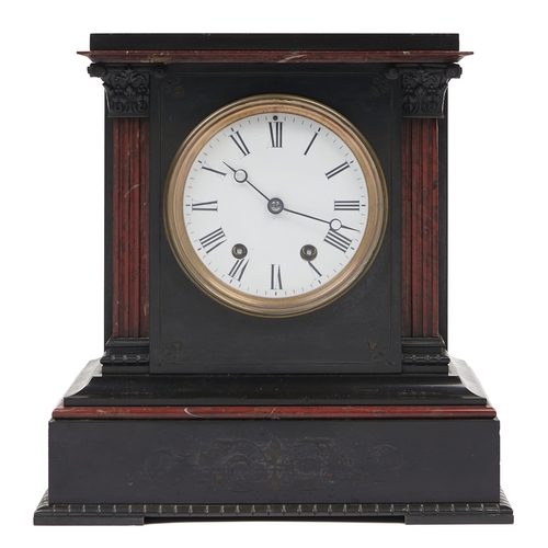 194 - A French nero belgio and rouge griotte marble mantel clock, late 19th c, in architectural case with ... 