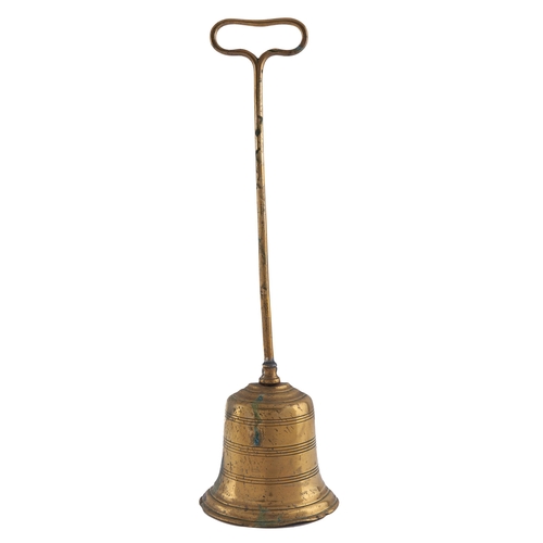 218 - A Victorian brass bell shaped door stop, lead-weighted, 43cm h