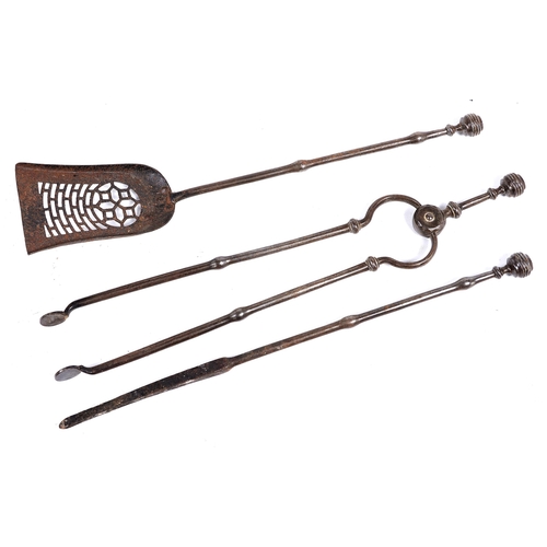 219 - A set of three early Victorian burnished steel fire irons, with reeded globular pommel... 