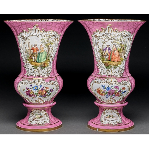 225 - A pair of Meissen campana shaped vases, c1840, painted with panels of 18th c courtship or flowers in... 